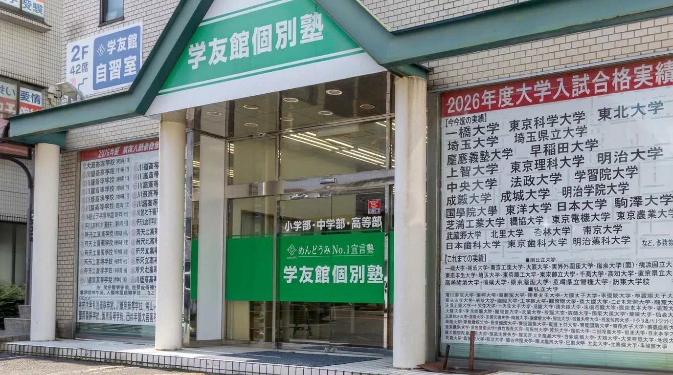 学友館個別塾 新所沢本部校の入口。2階に42席の自習室